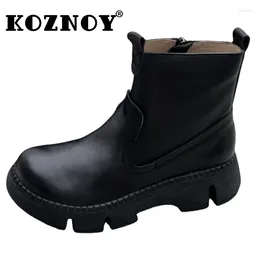 Boots Koznoy 4.5cm Cow Suede Genuine Leather Warm Autumn Flats Ankle Rubber Comfy Loafer Wedge Booties Spring Winter Plush Women Shoes