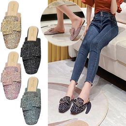 Slippers Fashion Summer And Autumn Women'S Shoes Low Heel Flat Head Rhinestone Colorful Print Half