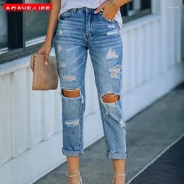 Women's Jeans Women Fashion Mid Waist Lady Big Ripped Hole Casual High Street Denim Pants Sexy Vintage Pencil Jean