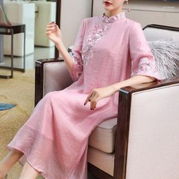 Casual Dresses Summer 2024 Women Chinese Style Vintage Embroidery Blue Dress Woman Slim 3xl Cheongsam