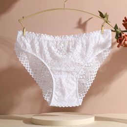 FINETOO Women Lace Underpants Panties Sexy Hollow Out Rhinestone Cross Belt Briefs Low-Waist Floral Transparent Lingerie S-XL