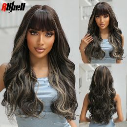 Wigs Dark Brown Synthetic Wig with Bangs Long Deep Wavy Hair Blonde Highlights Wigs for Black Women Cosplay Daily Use Heat Resistant