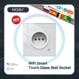 Control WiFi Tuya Smart 16A Socket Glass Panel Outlet Power Monitor Touch Plug Relay Status Light Mode Adjustable Smart Life App Alexa