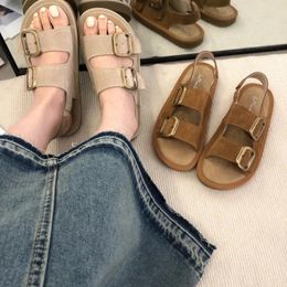 Casual Shoes 2024 Sandals Low-Heeled With Strap Suit Female Beige Open Toe Gladiator Fashion Girls Flat Velvet Black Sum