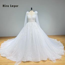 V-neck Hire Lnyer Lace Up Back Shiny Beads Sequins Gorgeous Ball Gown Wedding Dresses with Super Long Train