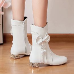 2024 New Women Boots Autumn Winter Girls Booties Thick Heel Low-heel Short Boots Side Zippe Bow Botas Mujer Shoes 31-43 Pink