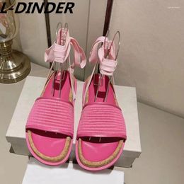 Tapestries Summer Woven Platform Sandal Woman Leisure Holiday Flat Beach Shoes Pink Apricot Ankle Cross Tied Vacation Rome