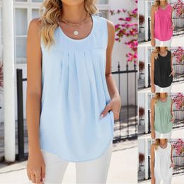 Women's Tanks Women Casual Solid Color Tank Top Loose Sleeveless Pleated Vest Elegant Ladies Camisole Summer Round Neck Flowy Blouses Shirts