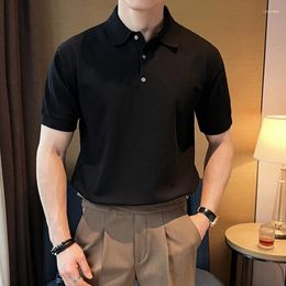 Men's Polos High Quality Solid Color Knitted Polo Shirt For Men Slim Short Sleeve T-shirts Ice Silk Breathable Casual Business Lapel T-shirt