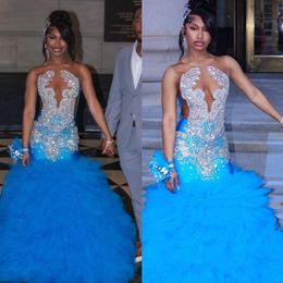 Blue mermaid Prom Dress for black girl illusion jewel neck beading crystal Evening Dresses ruffles tiered backless African Long dresses for Special Occasion