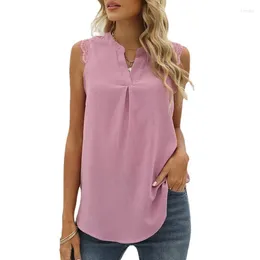 Women's Blouses Spring/Summer Solid Color Shirt Loose V-neck Sleeveless Lace Top