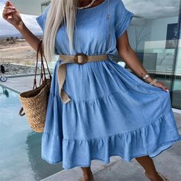Party Dresses Ladies British Holiday Casual Flounce Dress Summer Solid Color Bat Sleeve O-neck Chic A-line