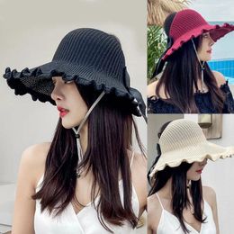 Wide Brim Hats Summer Women Sun Hat Sweet Bows Ruffle Large Cap Ladies Outdoor Travel Beach Empty Top Visors Female Crochet Bonnet