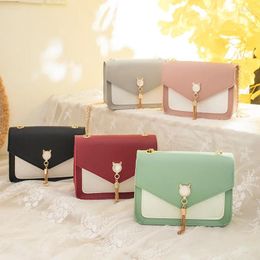 Bag Women's Korean-Style Hardware Tassel Pu Shoulder Contrast Colour Purse Small Patched Simple Elegant Outdoor