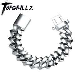 Bracelets TOPGRILLZ Mens Bracelet 18MM Cuban Chain Miami Prong Link Chain Glossy Chain In White Gold With New Spring Clasp Hip Hop Jewellery