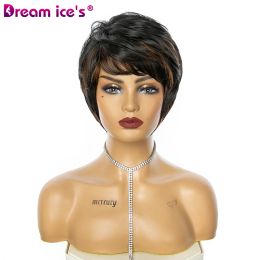 Wigs Short Mixed Black Brown Straight Wavy Fluffy Layered Hair Synthetic Wigs With Bang For Women Heat Resistant Cosplay Daily Wigs