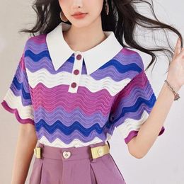 Women's T Shirts 2024 Summer Purple Striped Gradient Short Sleeve Sweater Knitted Casual Buttons Weave Hollow Out Crop Tops Tees