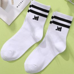 2 Pairs Embroidered Double Pole Mid Tube Socks Women's Fashionable Civet Cat Minimalist Autumn Warmth High-quality Female Socks