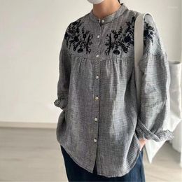 Women's Blouses Johnature Japanese Mori Women Linen Embroidery Stand-up Collar Shirts Spring 2024 Striped Loose Tops Casual