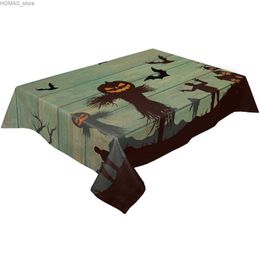 Table Cloth Halloween Scarecrow Pumpkin Wood Grain Rectangle Tablecloth Kitchen Table Decor Waterproof Tablecloth Holiday Party Decorations Y240401