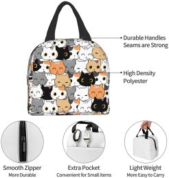 Cute Cat Prints Lunch Bag Thermal Lunch Bag with Spacious Compartment Built-In Handle Portable Lunch Bag for Women Boys Girls