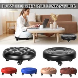 Pulley Low Stool, Low Height Rolling Stool, Leather Stool Seats with Wheel, Home Removable Small Stool, Round Roller Seat Stool