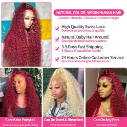 13x4 Deep Curly Lace Frontal Wig Transparent 99J Burgundy T Part Lace Front Wigs Red Colored HD Deep Wave Human Hair Wigs