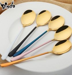 5 Colours Tablespoon Korean Style High Quality Dinner Spoons Functional Long Handle Mixing Dessert Scoop Ice Honey Kitchen Tools4167580