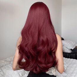 Body Wave long Wig for Women Burgundy Red Colorful Daily Soft Wig with Bangs Natural Party Cosplay Synthetic Hair Heat Resistant