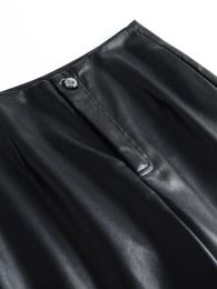 High Quality Women Pockets Wide Leg Pants 2023 Autumn Winter Slim fit Ankle-Length Culottes Black PU Leather High Waist Female
