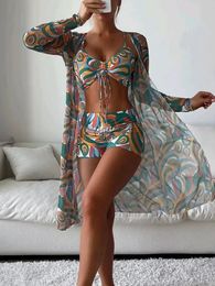 Tropical Print Bikini 3pack Drawstring Ruched Cover Up Women Swimsuit Long Sleeve Swimwear Beach Wear Bathing Suit 240327