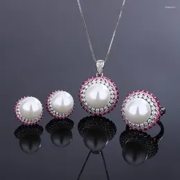 Necklace Earrings Set White Shell Pearl Red Ruby Pink Cubic Zircon Pendant Adjustable Ring Stud Women Jewellery