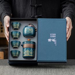 Tianview Kung Fu Tea Set Ceramic Travel Quick Cup 1 Pot 4 Teacups Canister Gift Portable Fulfilment 240325