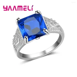 Cluster Rings Pure 925 Sterling Silver Wedding For Women Propose Jewellery Paved Big Luxury Square Clear Blue Crystals Party Anel