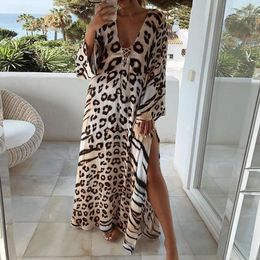 Casual Dresses Sexy Cross V Neck Lace-up Long Sleeve Party Dress Women Fashion Leopard Printed Loose Elegant High Split Maxi