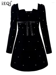Casual Dresses Solid Velvet Studded Bow Tie For Women Long Sleeve Square Collar High Waist Dress Female Clothes 3WQ9327