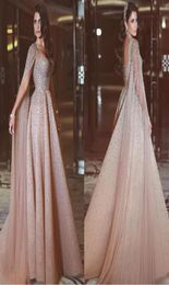 Sparkly Sequins Beaded Evening Dresses with Sleeves Backless Blush Tulle ALine Lace Evening Gowns Custom Made Arabic Prom Dress5875399