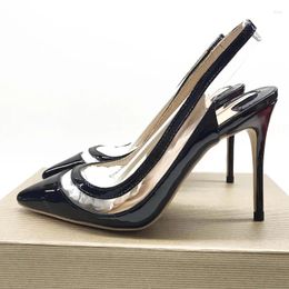 Dress Shoes Est Black Patent Leather Women Stiletto Heels Clear PVC Patchwork Pumps Pointed Toe Thin Slingback Sandals