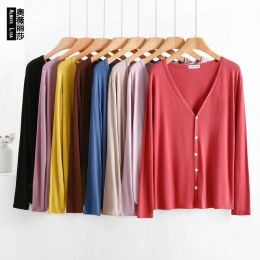 Summer Spring Modal Cardigan Long sleeves Candy Colours V Neck Tshirt Open-front sun-proof clothing Air-conditioned tops