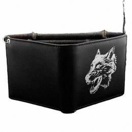 wolf design Leather Mens Bi-Fold Wallet BLACK w/ Biker lg Chain Z6LN#