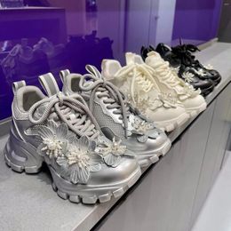 Casual Shoes Summer Women Mesh Chunky Sneakers White Flower Pearl Fashion High Heels Platform Spring Thick Bottom