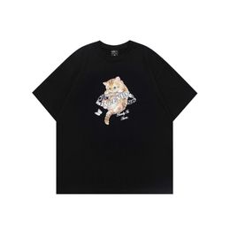 Thickened 270g Street Trendy Brand Asexual Couple T-shirt American Cat Foam Printed Mens and Womens Clothing