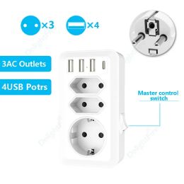 EU Standard Wall Socket With 3 AC Outlets 3 USB Port 1 TypeC and ON/OFF Swtich Control Power Strip Plug Adapter Converter CE FCC