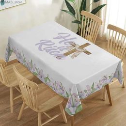 Table Cloth Spring Easter Waterproof Tablecloth Party Decoration He Is Risen Christian Cross Flower Tablecloth for Kitchen Dining Decor Y240401