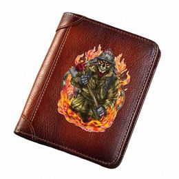 vintage High Quality Genuine Leather Wallet Firefighter Skelet Skull Printing Standard Short Purse BK1341 N072#