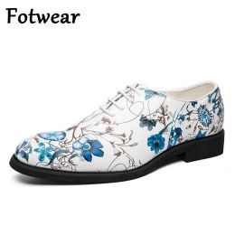 Boots Wedding Dress Shoes Men Big Size 48 Lace Up Formal Shoes Pointed Toe Male Party Oxfords Sky Blue Floral Leather Zapatos Hombre