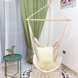 Beige Hanging Tassels Hammock Bohemia Style Cotton Rope Net Chairs Portable Outdoor Indoor Garden Bedroom Bars Seats 240325
