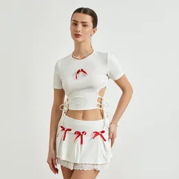 Work Dresses Women 2 Piece Outfits Solid Color Cute Bow Bandage Cutout T-Shirt And Elastic Mini Skirt Set For Streetwear Aesthetic Clothes