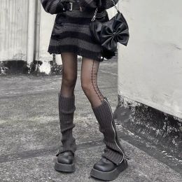Punk Zipper Thigh Leg Warmers Women Girls Jk Knee High Legging Autumn Winter Boot Ankle Cuffs Stocking Lolita Tube Knit Socks