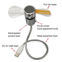 Mini USB Fan Small Night Light Clock Fans Real Time Display Hand Flexible Gooseneck LED Clock for Laptop PC Notebook
